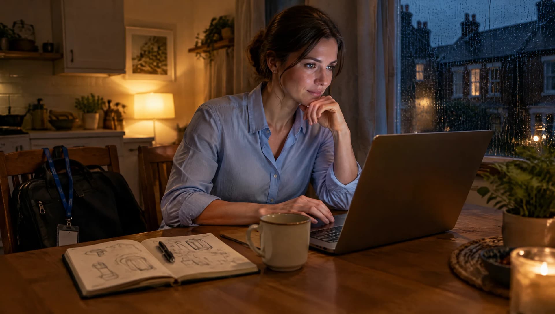 A woman in work clothes works on a laptop at a kitchen table in the evening, with her work lanyard on a bag and product sketches in a notebook.