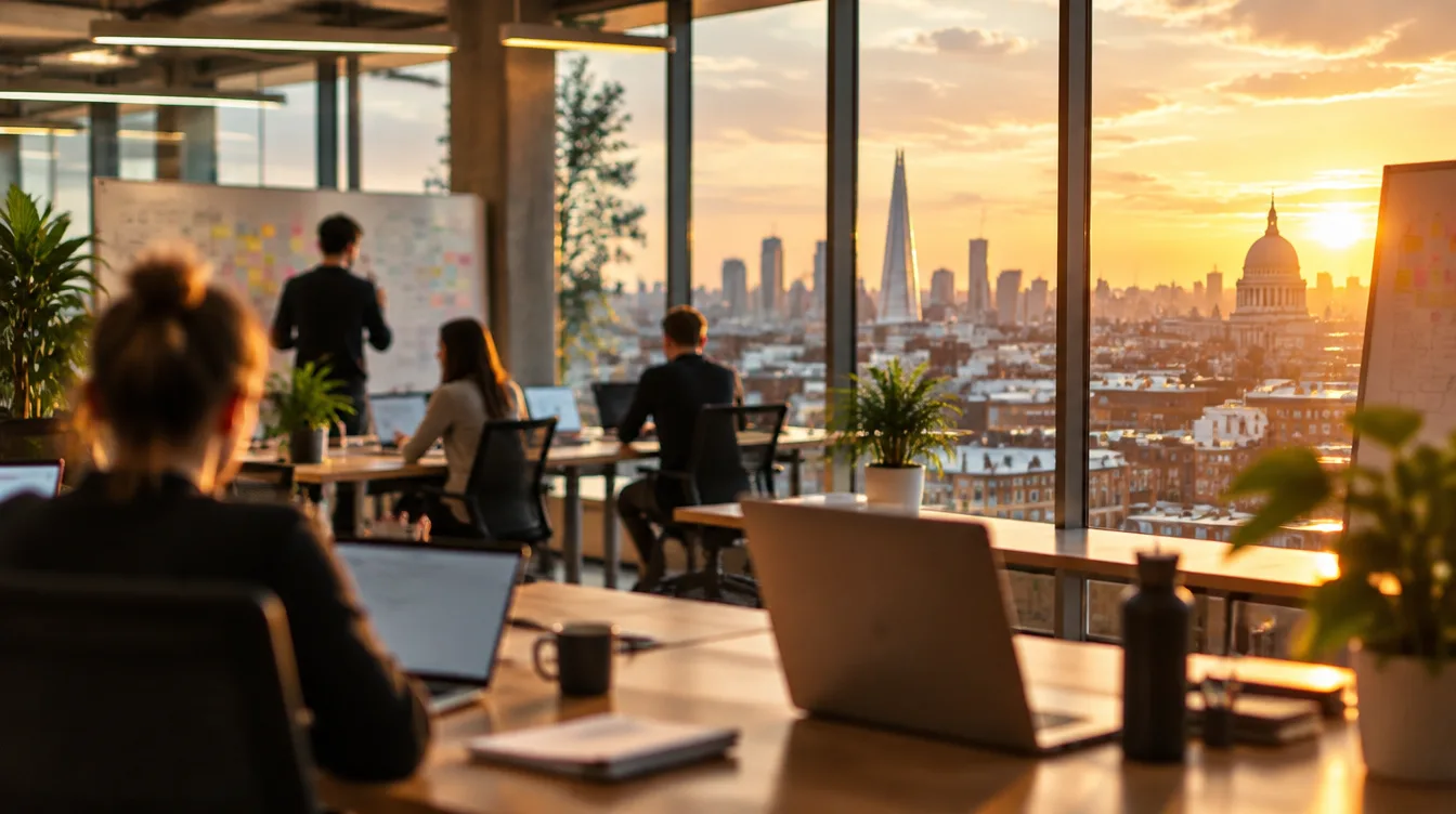 A bright open-plan London startup office at golden hour with desks, laptops and a glass wall over city rooftops