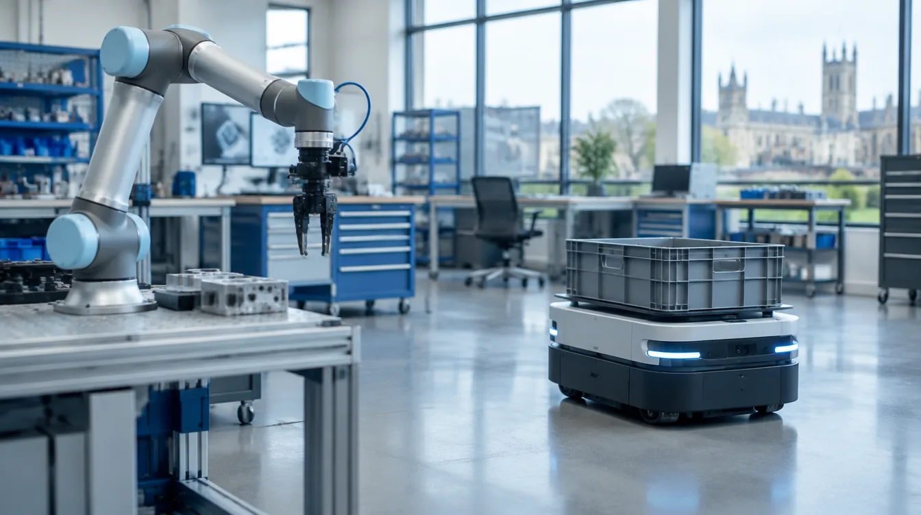 A robotic arm and a small autonomous warehouse robot in a bright engineering workshop lit by daylight