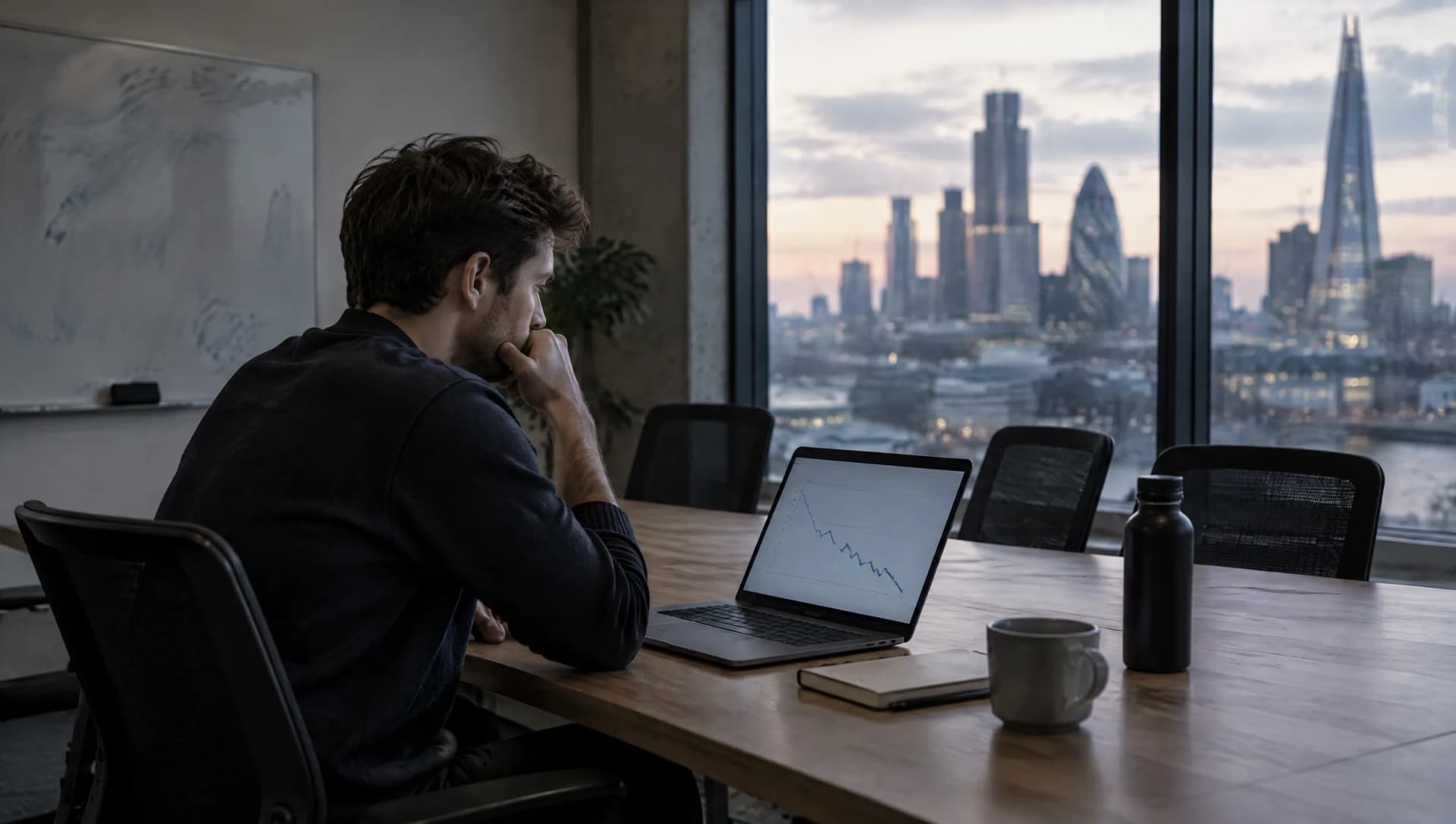 A founder sits alone at a desk in a London office at dusk, looking at a laptop showing a falling line chart, with the City skyline behind.